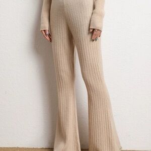 100% Wool Beige Ribbed Knit Wide Leg Pants